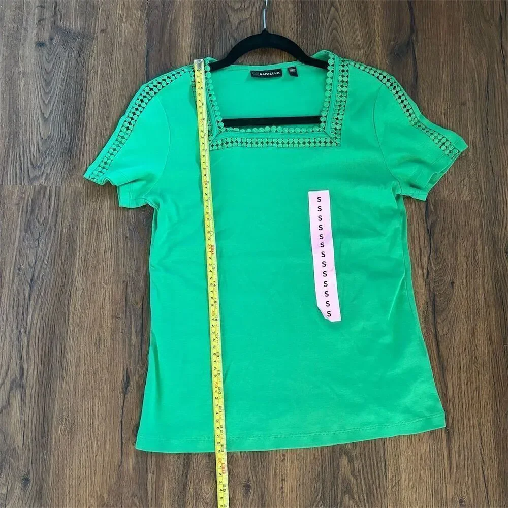Rafaella Women's S Green Square Neck Embroidered Blouse Short Sleeve - Picture 6 of 7